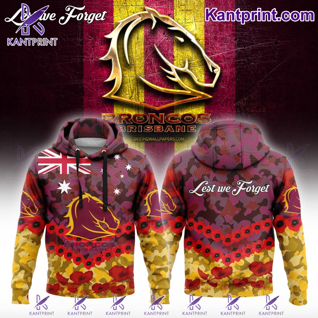 Brisbane Broncos NRL 2024 Anzac Day Lest We Forget Camo Hoodie