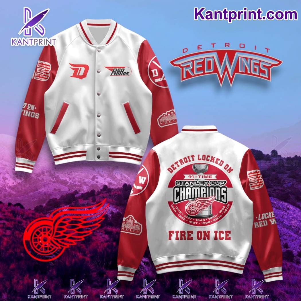 Detroit Red Wings Detroit Locked On 11-time Stanley Cup Champions Fire On Ice Baseball Jacket QCHkANJ